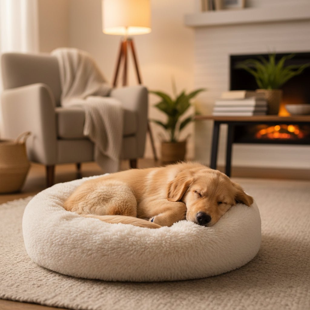 Donut Dog Bed for Small and Medium Dogs - Plush Faux Fur Self - Warming Calming Round Dog Bed, Anti - Slip, Machine Washable - The Petzzy
