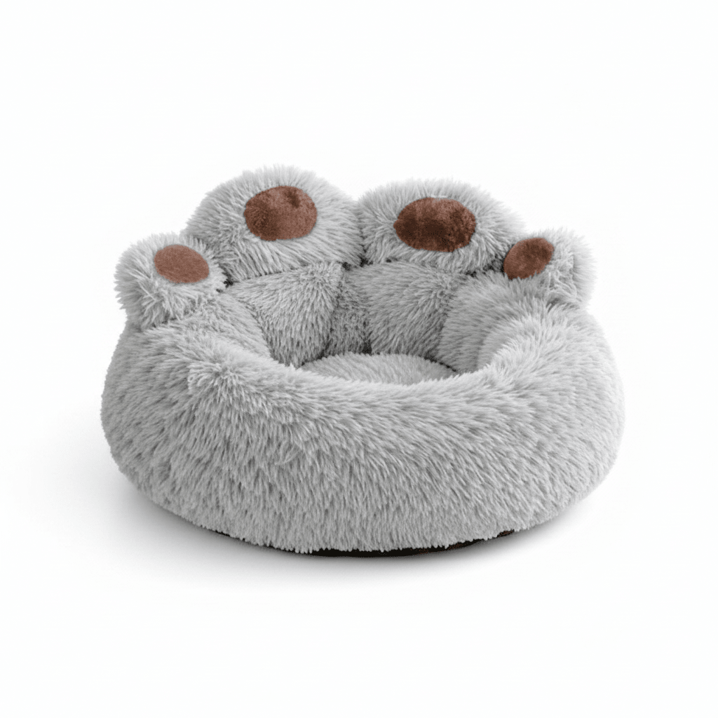 Large Dog Calming Bed - Paw Shape Plush Donut Bed for Big Dogs with Non - Slip Bottom and Self - Warming Design, S to 3XL, Coffee Pink Grey - The Petzzy
