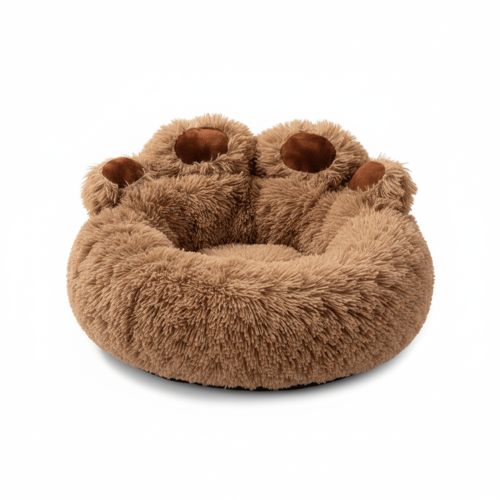Large Dog Calming Bed - Paw Shape Plush Donut Bed for Big Dogs with Non - Slip Bottom and Self - Warming Design, S to 3XL, Coffee Pink Grey - The Petzzy