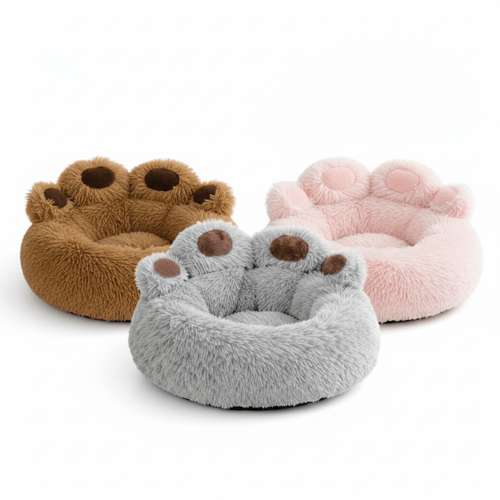 Large Dog Calming Bed - Paw Shape Plush Donut Bed for Big Dogs with Non - Slip Bottom and Self - Warming Design, S to 3XL, Coffee Pink Grey - The Petzzy