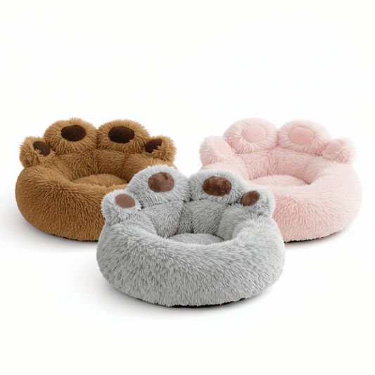 Large Dog Calming Bed - Paw Shape Plush Donut Bed for Big Dogs with Non - Slip Bottom and Self - Warming Design, S to 3XL, Coffee Pink Grey - The Petzzy