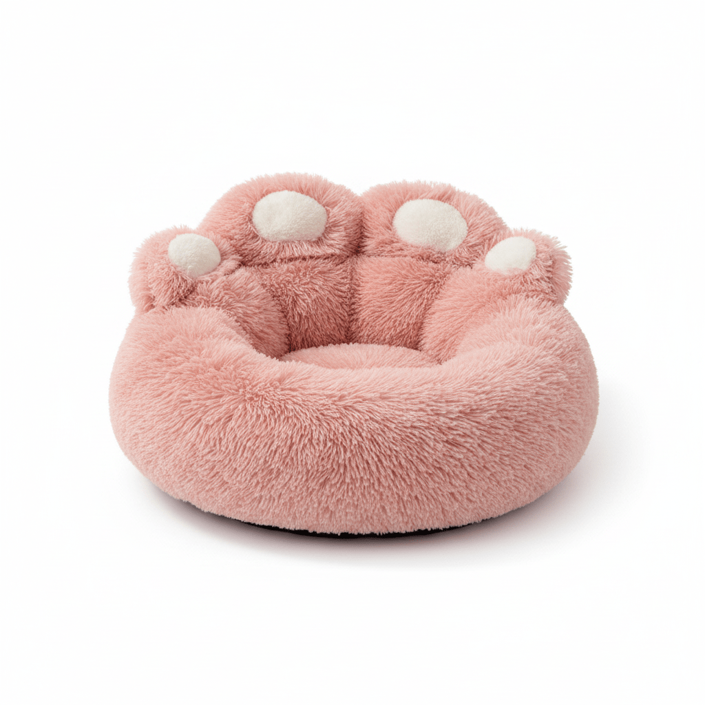 Large Dog Calming Bed - Paw Shape Plush Donut Bed for Big Dogs with Non - Slip Bottom and Self - Warming Design, S to 3XL, Coffee Pink Grey - The Petzzy